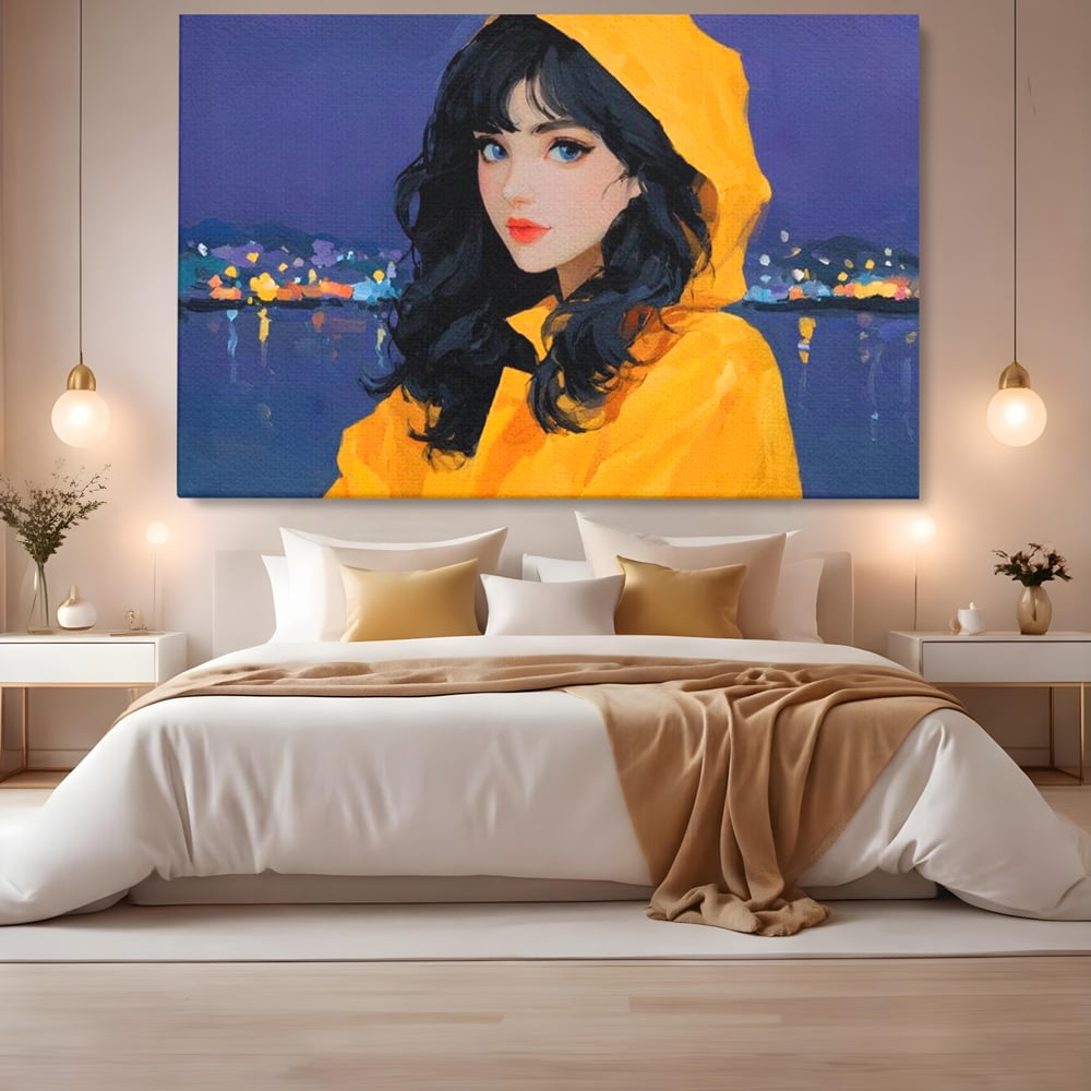 Tablou canvas cu tablou canvas cu femeie in pelerina galben, fara rama, pe sasiu de lemn, pe perete intr-un dormitor